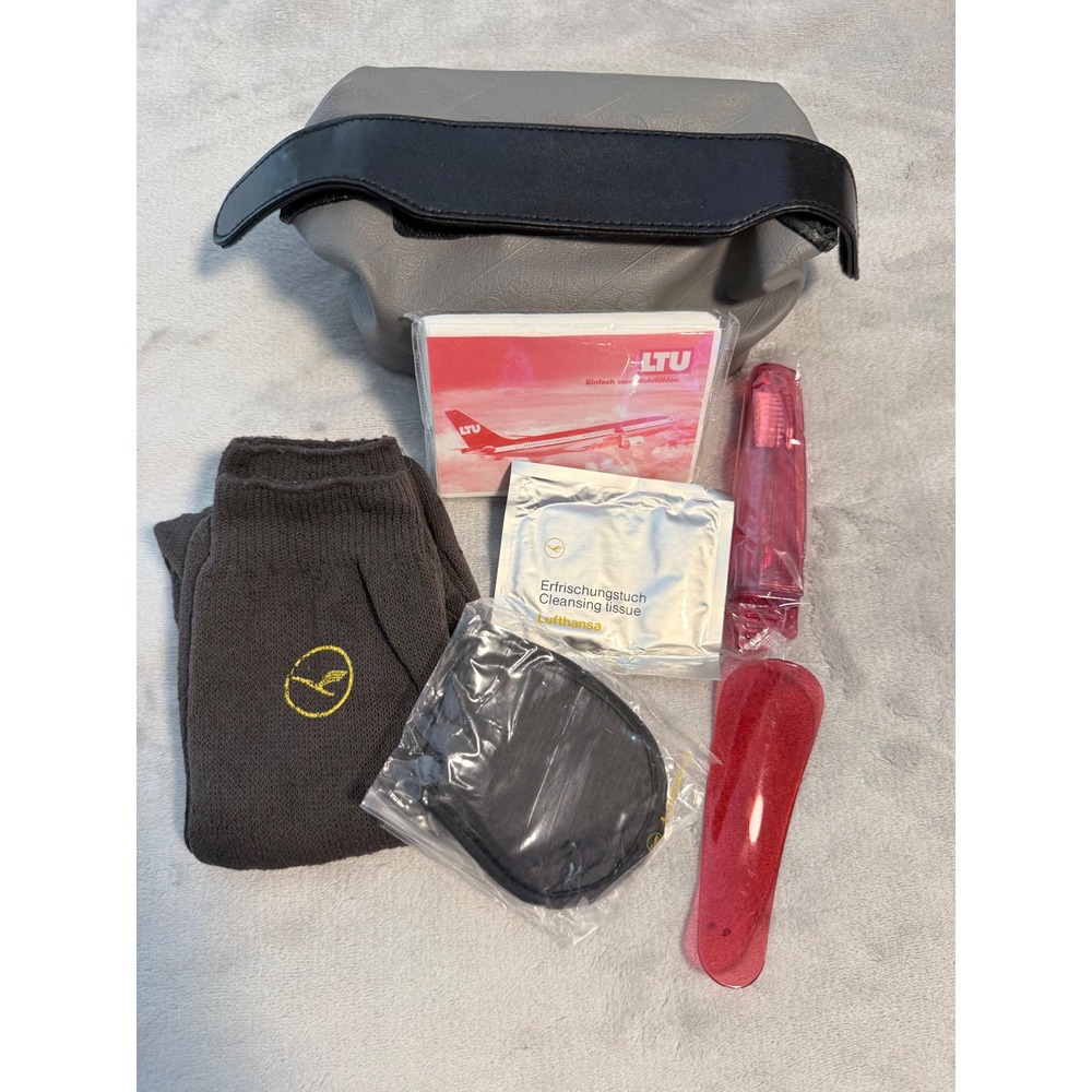 Vintage Lufthansa LTU Airline Amenity Kit Travel Bag Socks Eye Mask